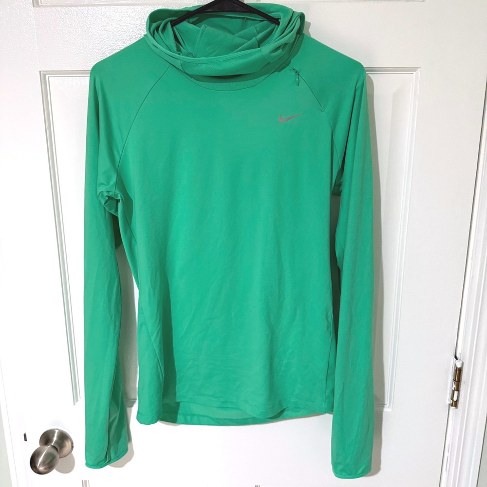 Nike Dri-FIT Womens Green Hooded Running Top Long Sleeve Thumbholes Small
